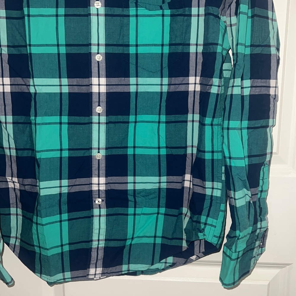Aeo Navy And Teal Checkered Pattern Button Down - image 5